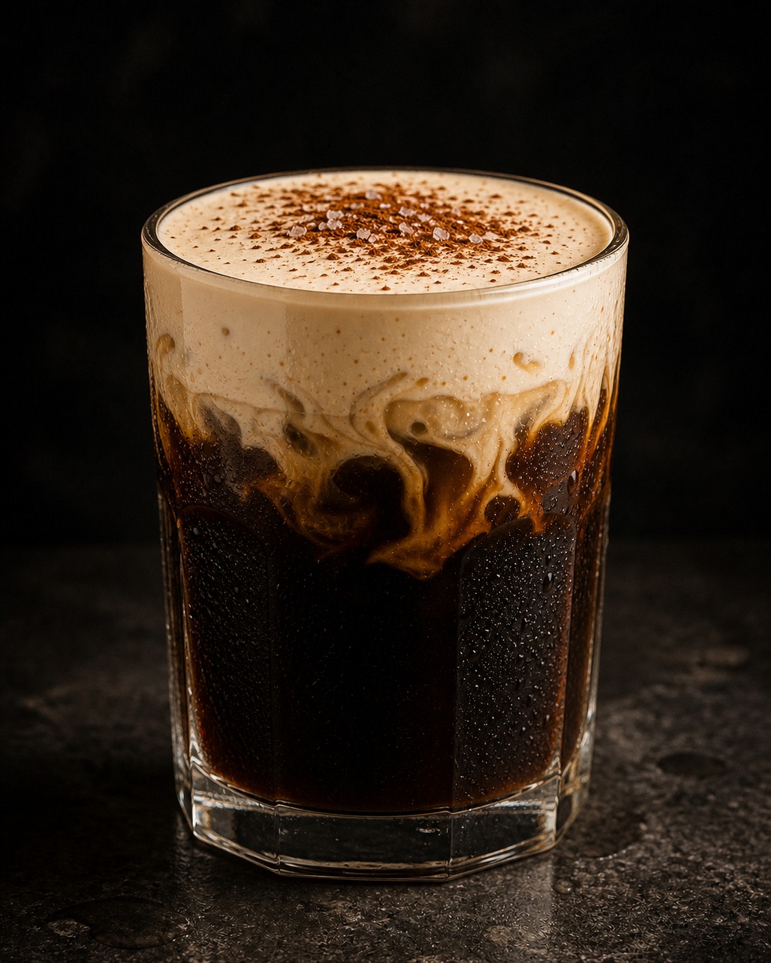 Glass of dark Vietnamese coffee topped with a thick salted cream foam dusted wit