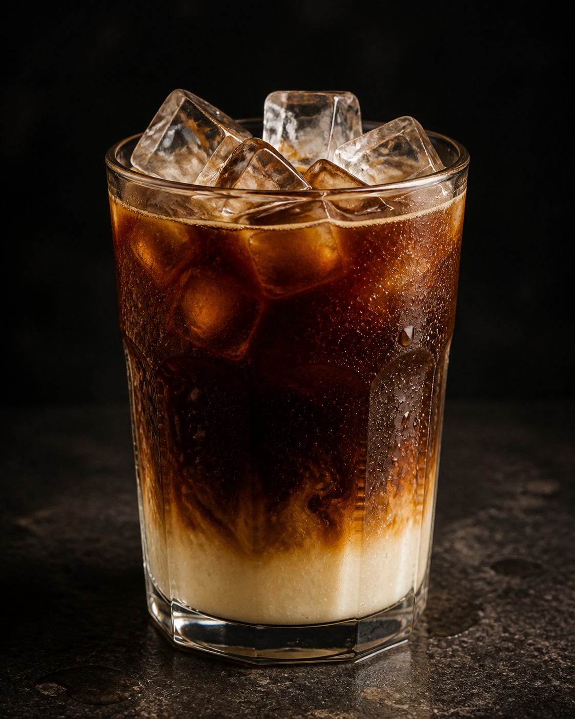 Tall glass of Vietnamese iced coffee with ice cubes and a layer of condensed mil